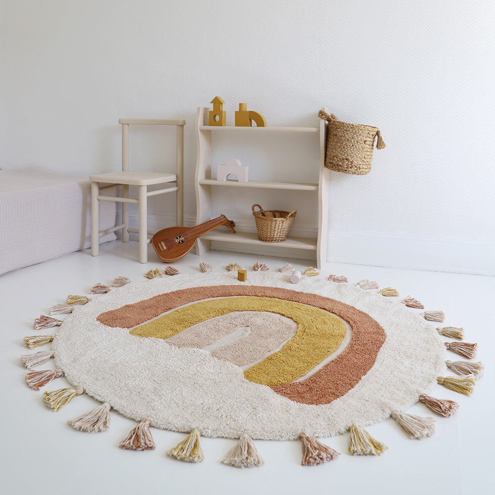 Tapis enfant coton lavable arc en ciel avec pompons RAINBOW TOFFEE