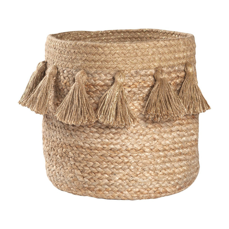 panier de rangement jute avec pompons