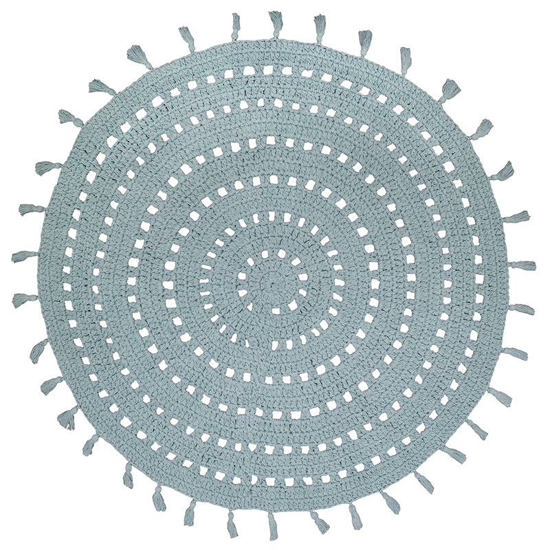 round crochet rug with tassels for baby room pale green