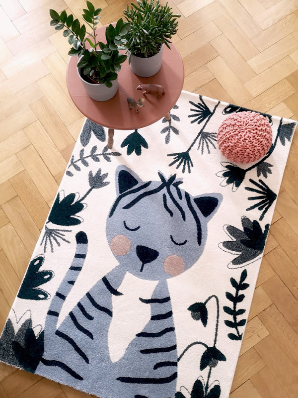 designer rug for kids room blue cat
